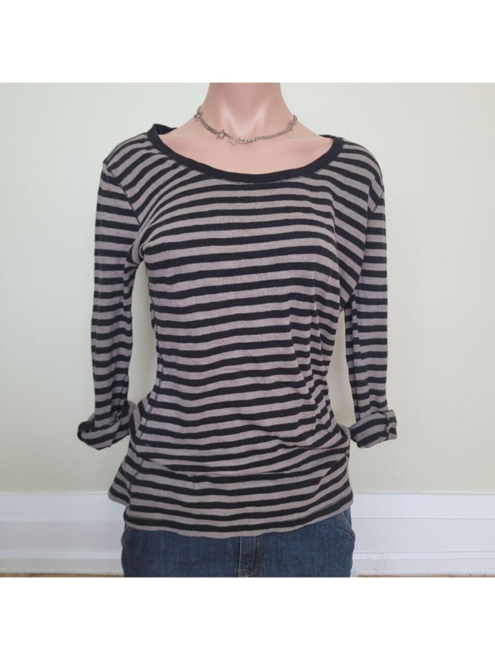 Joe Fresh Heather Grey Striped Slim Fit 3/4 Sleeve Tee (L)
